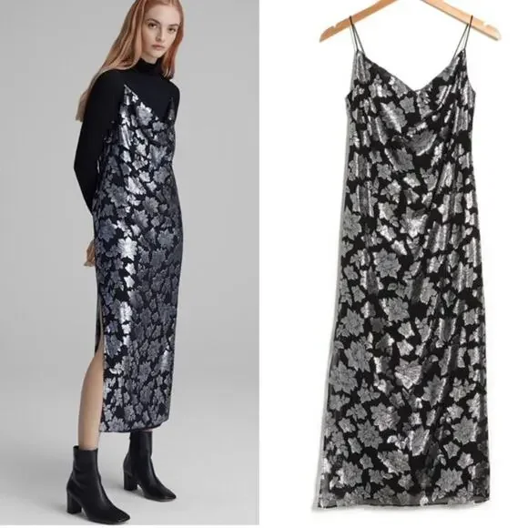 Club Monaco Silk Jacquard Slip Midi Dress Size 0 - Picture 1 of 12